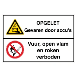 Opgelet: Gevaren door accu's / Vuur, open vlam en roken verboden